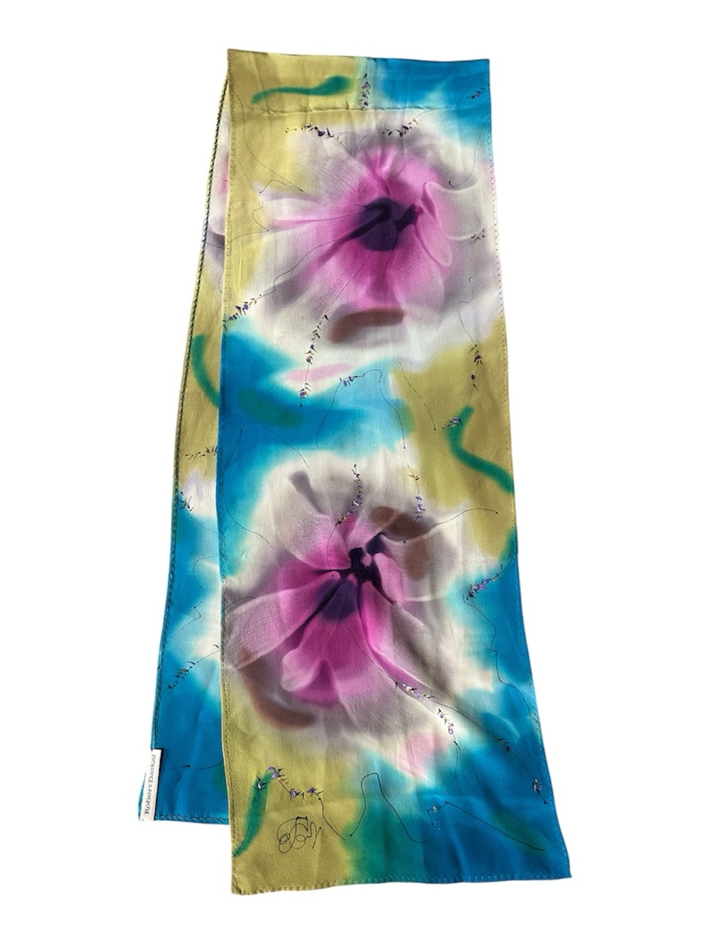 Robert Daskai Floral Print Scarf with Textured Purple Flowers 10” x 56”